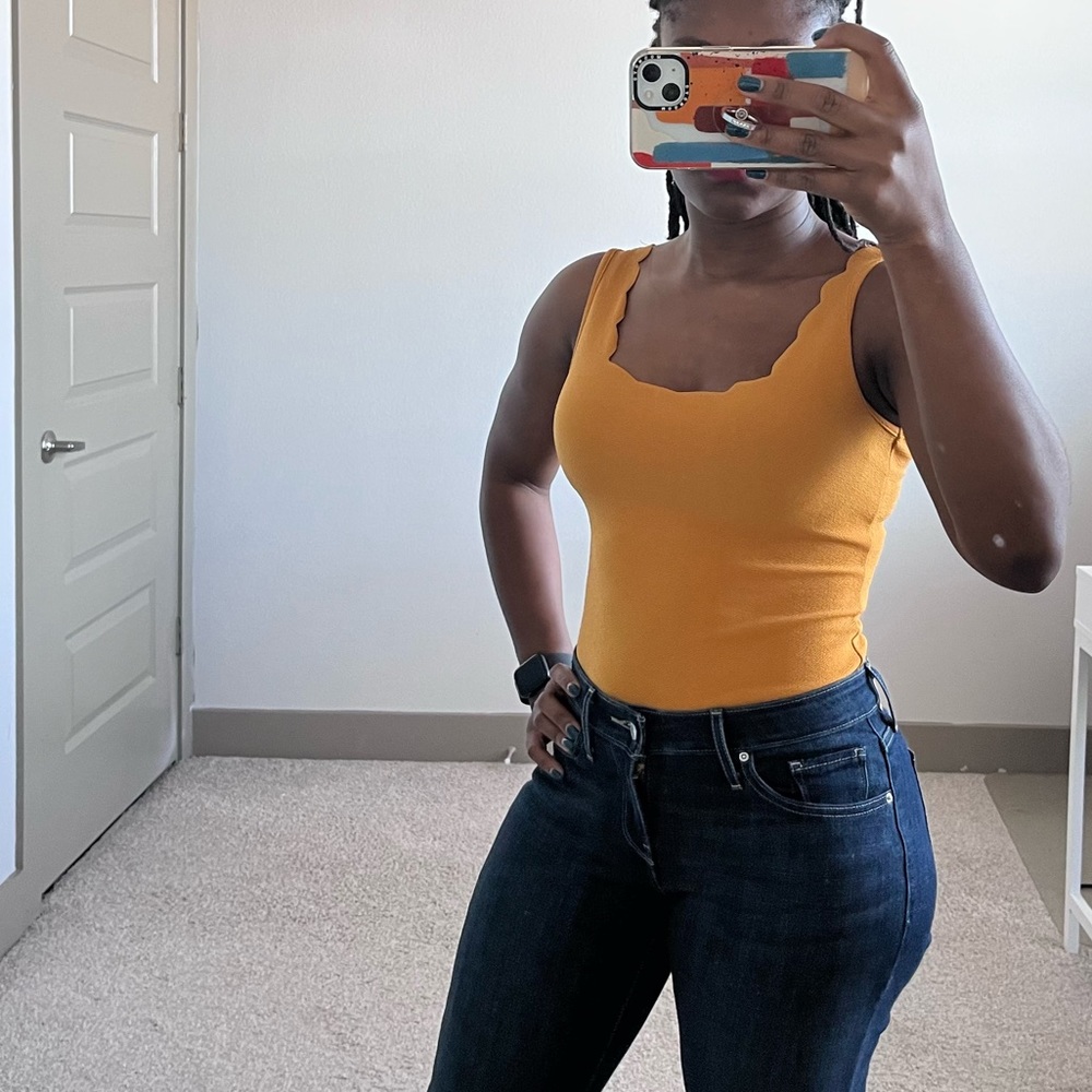 Mustard scallop edge bodysuit